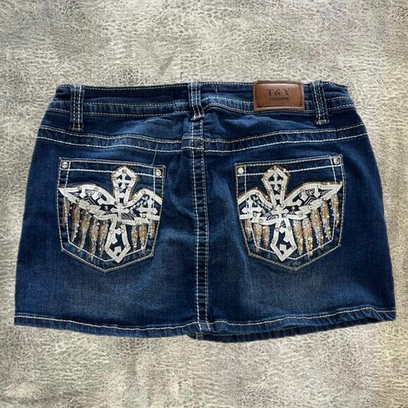 Y2k T&Y Embellished Cross denim Mini Skirt - Picture 1 of 7